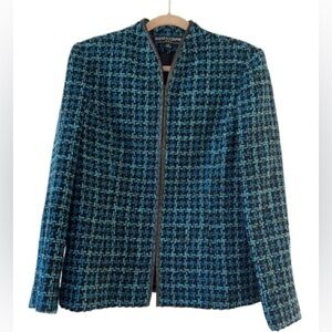 Vintage 90’s Kasper & Co Multi Blue and Black Wool Blend Tweed Blazer. Size 10